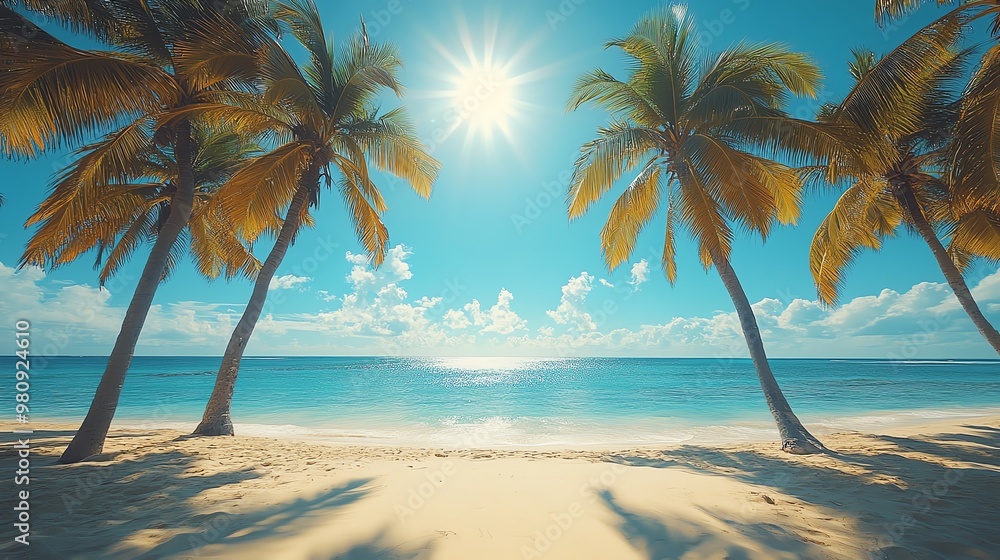 Obraz premium Tropical sun shining brightly over a palm-lined beach, warm weather, summer vibes