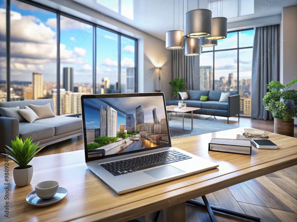 Modern 3D interior design software on a laptop screen displays a stylish living room layout, with a cityscape Modern 3D interior design software on a laptop screen displays a stylish living room layout, with a cityscape