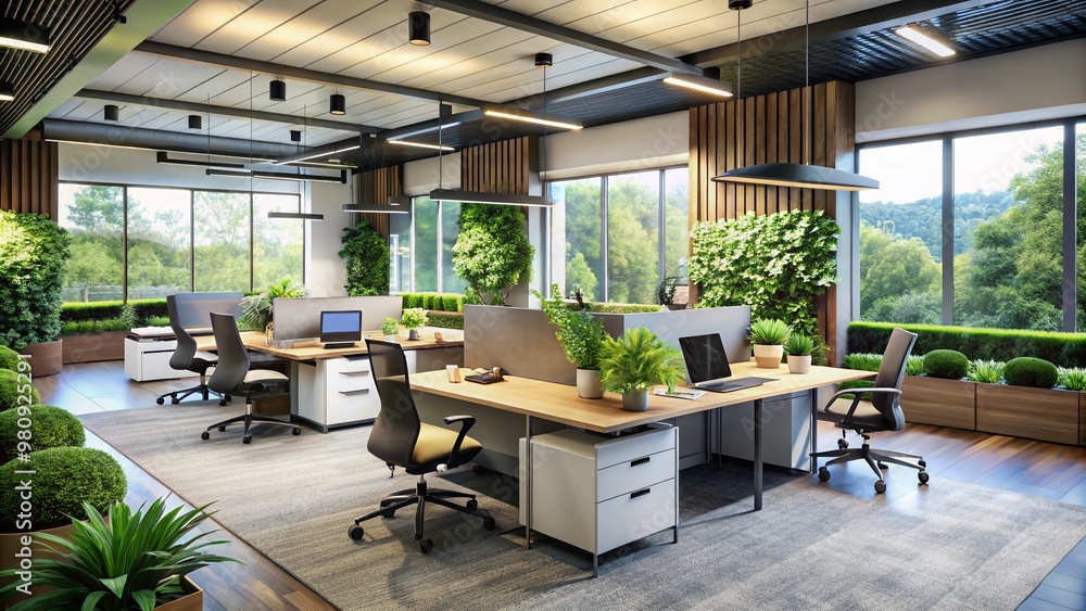 Fototapeta premium Modern Aberdeen office interior with sleek desks, ergonomic chairs, and storage units, surrounded by vibrant greenery,