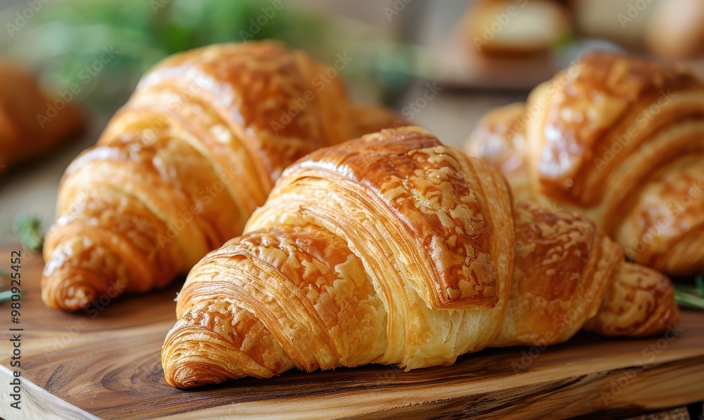 Close-up of golden, flaky croissants on a rustic wooden table, capturing their delicious texture. Close-up of golden, flaky croissants on a rustic wooden table, capturing their delicious texture.