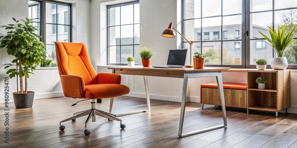 Fototapeta premium Modern accent chair with sleek metal legs and vibrant orange upholstery adds a pop of color to a