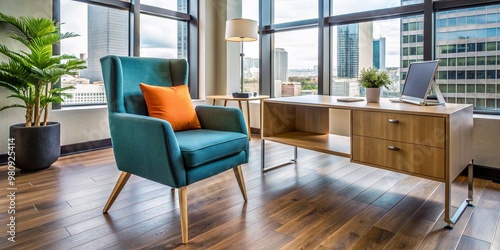 Modern Accent Chair with Sleek Design and Vibrant Upholstery Sits Beside a Polished Wooden Desk in a Contemporary