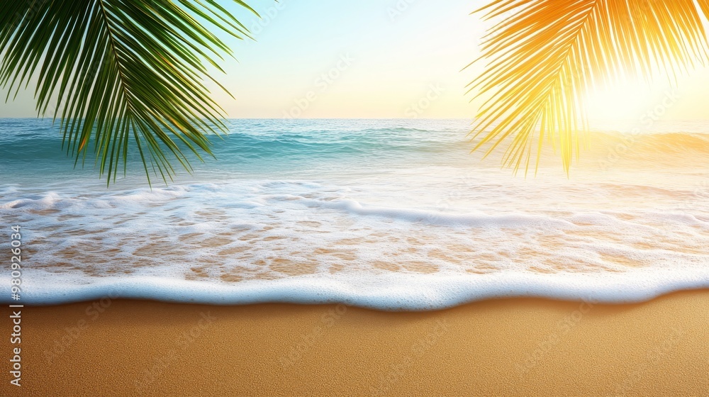 Serene beach at sunset with palm leaves framing the golden sand and crystal-clear ocean waves. Serene beach at sunset with palm leaves framing the golden sand and crystal-clear ocean waves.