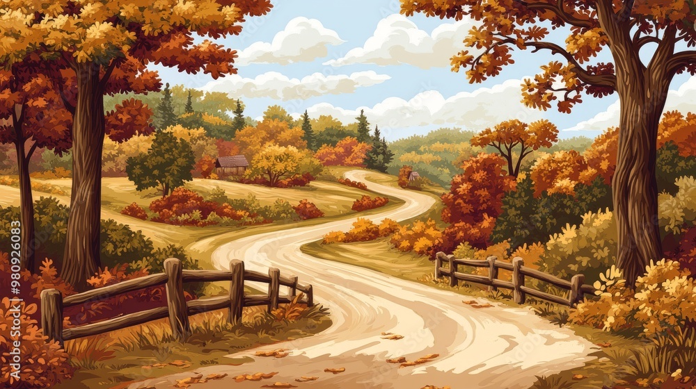 Naklejka premium Scenic autumn countryside with winding road and vibrant fall foliage.