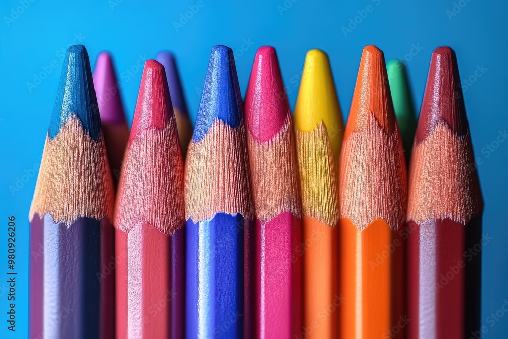 Colorful Pencils Lined Up on a Bold Blue Background Colorful Pencils Lined Up on a Bold Blue Background