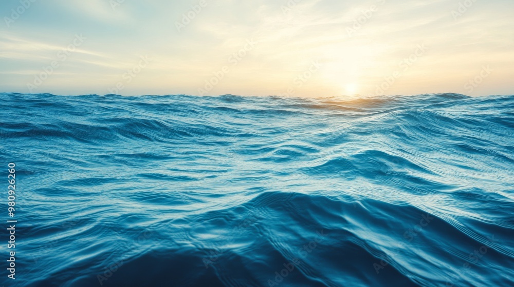 Obraz premium Serene ocean waves gently rippling under a golden sunset sky, creating a peaceful and calming seascape scene.