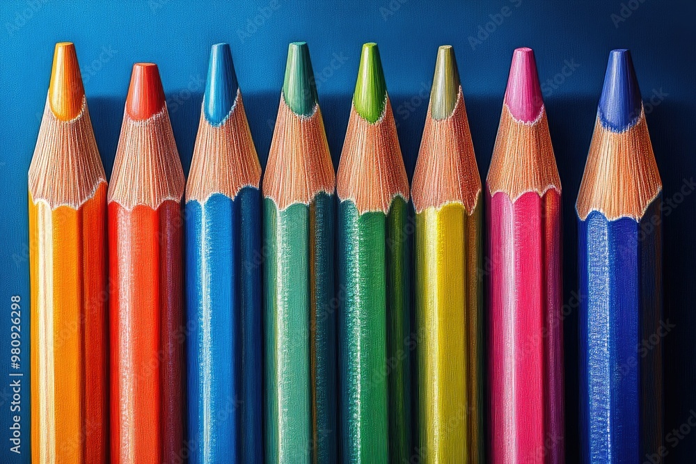 Vibrant Row of Colored Pencils Against a Blue Backdrop