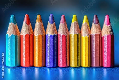 Creative Tools: Rainbow-Colored Pencils on Blue Canvas