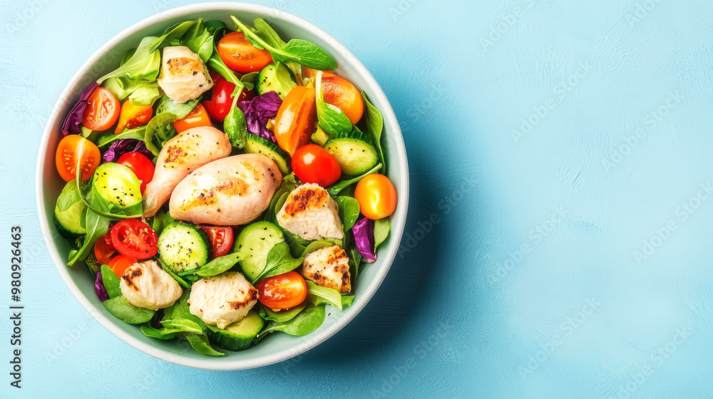 Salad bowl with lean protein, vegetables, healthy diet for fitness, 3D illustration Salad bowl with lean protein, vegetables, healthy diet for fitness, 3D illustration