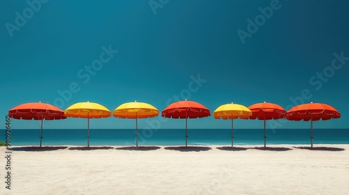 Minimalist Beach Scene: Serenity Under Striped Umbrellas