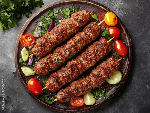 A Adana Kebab. The most popular Turkish dishes. A spicy minced lamb kebab shaped on skewers and grilled, known for its robust flavor.