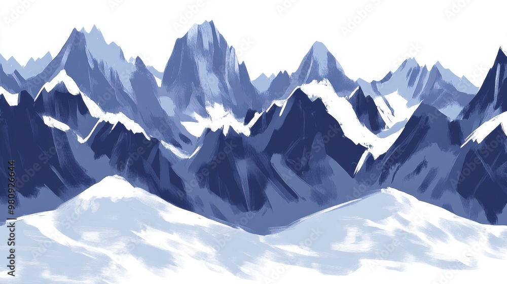 Obraz premium Serene painting of snow-capped mountain peaks with varying blue hues creating a calm, winter landscape.