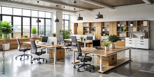 Modern and stylish office furniture arranged in a trendy showroom, with a variety of desks, chairs, and shelving photo