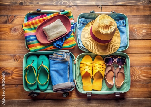 Colorful flat lay of packed clothes, luggage, and accessories like sandals, sunglasses, and a hat, evoking a sense of excitement for a summer holiday vacation. photo