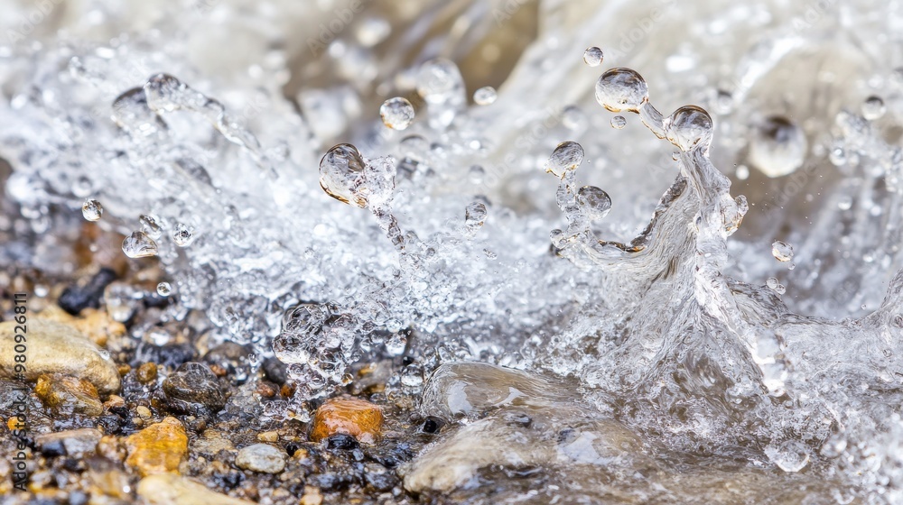 Close-up of water splashing over colorful pebbles on a shore, creating an energetic and lively scene. Close-up of water splashing over colorful pebbles on a shore, creating an energetic and lively scene.