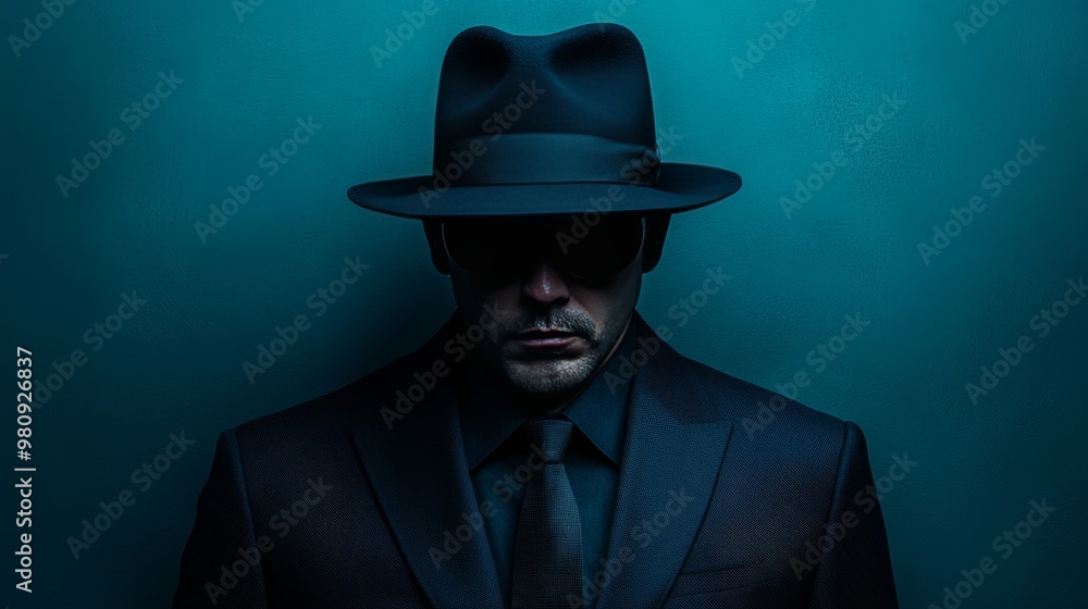 A man wearing a black hat and a black suit is standing in front of a blue wall A man wearing a black hat and a black suit is standing in front of a blue wall