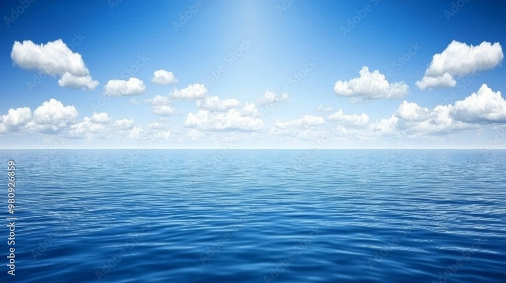 Calm and clear blue ocean water under a bright sky with fluffy white clouds. Calm and clear blue ocean water under a bright sky with fluffy white clouds.