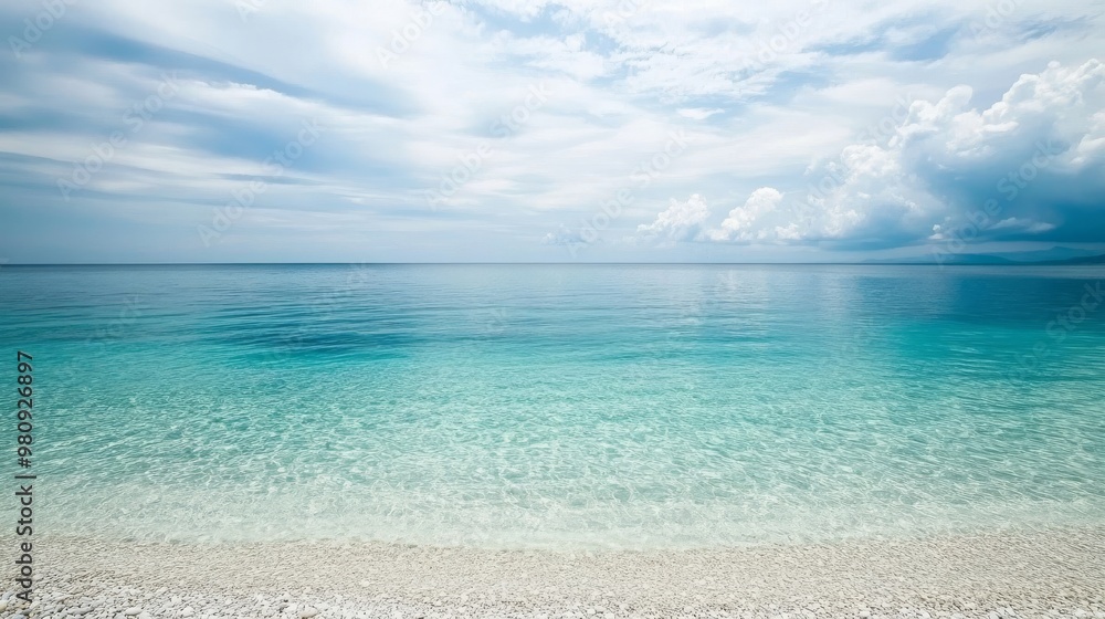 Fototapeta premium Serene turquoise ocean waves lapping against a white sandy beach under a partly cloudy sky.