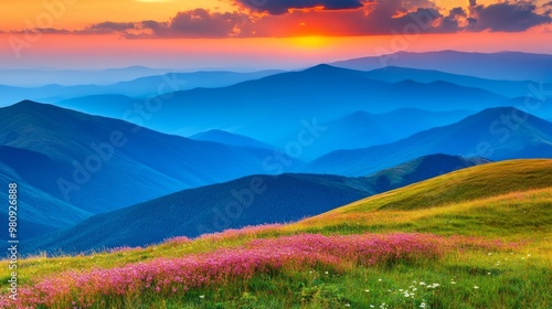 Vibrant sunset over a mountain range with pink wildflowers in the foreground and blue layered hills stretching into the distance.