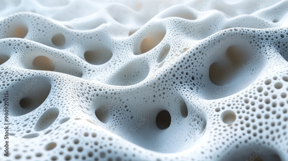 Abstract close-up of porous, textured surface with bubbles and waves.