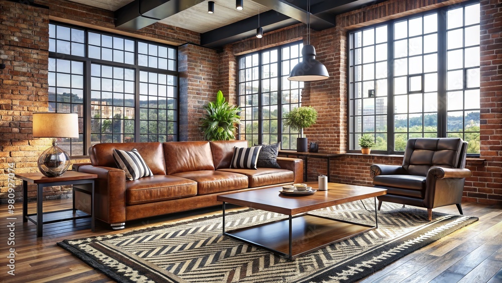 Modern bachelor pad with sleek leather sofa, industrial-chic coffee table, and geometric-patterned rug, surrounded by Modern bachelor pad with sleek leather sofa, industrial-chic coffee table, and geometric-patterned rug, surrounded by