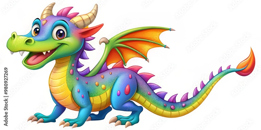 Fototapeta premium * A majestic, cartoon dragon with radiant scales in a kaleidoscope of colors, wearing a perpetual smile, against