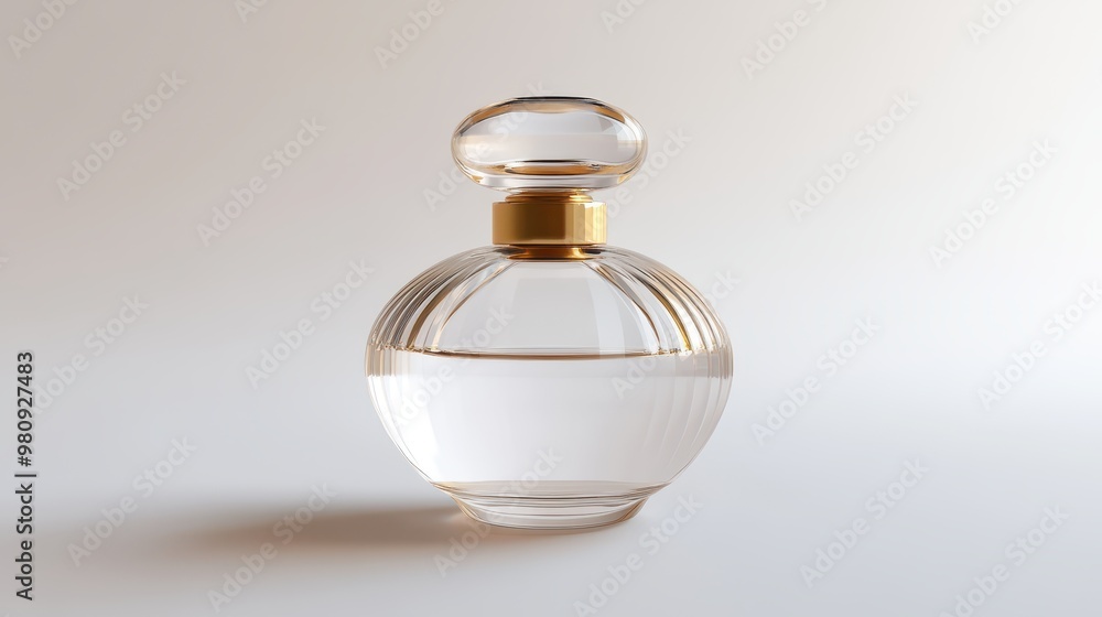 Luxurious clear glass perfume bottle with gold cap, front view, smooth lines, high-resolution, white inner wall Luxurious clear glass perfume bottle with gold cap, front view, smooth lines, high-resolution, white inner wall