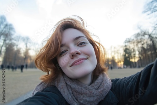 Fototapeta Naklejka Na Ścianę i Meble -  Nature's Embrace: Close-Up Portrait of a Woman in a Park