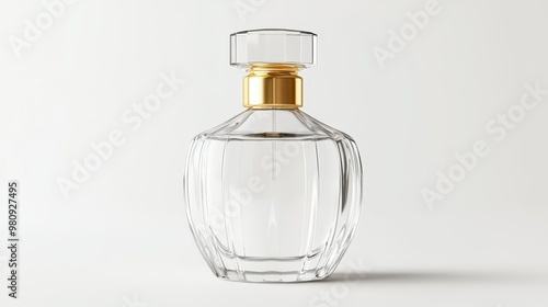 Luxurious clear glass perfume bottle with gold cap, front view, smooth lines, high-resolution, white inner wall