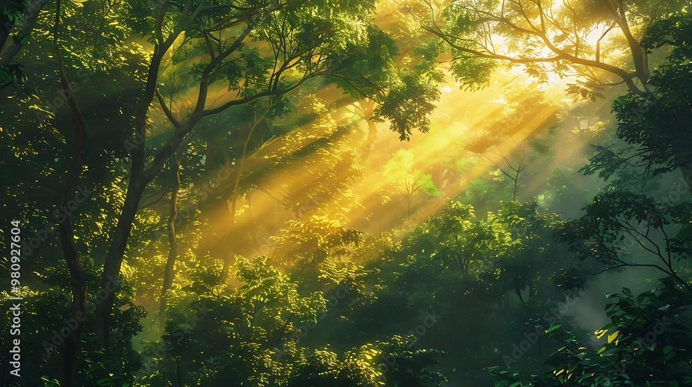 Rays of sunlight break through the towering trees of a dense rainforest, illuminating the rich greenery below with a golden glow. The air feels thick  