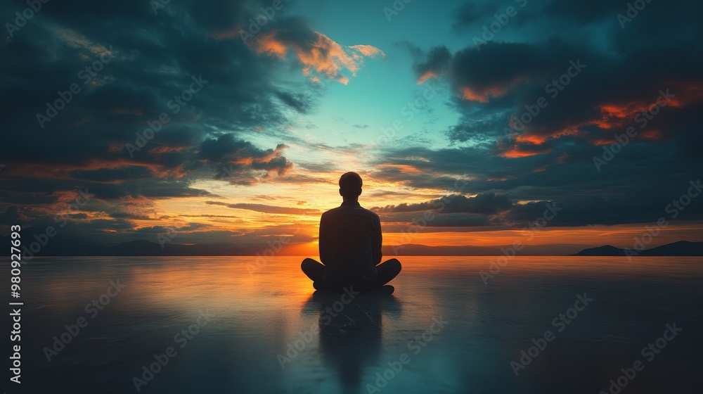 A man is sitting on a beach at sunset A man is sitting on a beach at sunset