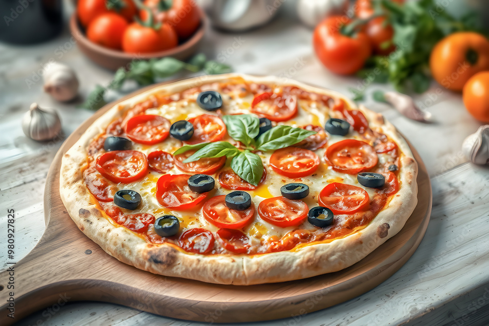 Freshly Baked Pizza on Wooden Board with Toppings Freshly Baked Pizza on Wooden Board with Toppings