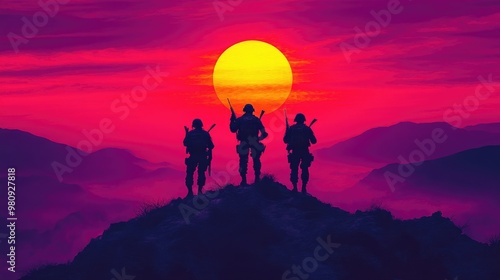 Sunset Silhouettes: Soldiers in Mission Stance