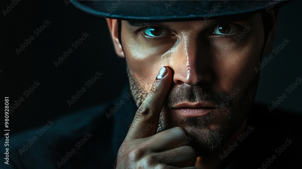 A man with a black hat and a black shirt is looking at the camera A man with a black hat and a black shirt is looking at the camera