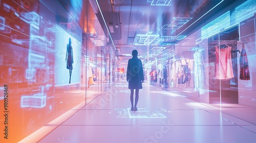 Woman in a futuristic shopping mall with holographic displays.