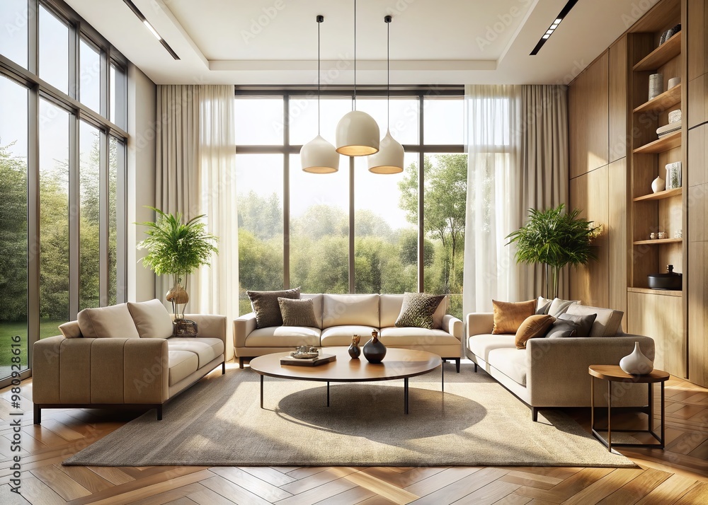Fototapeta premium Modern chic living room with cream-colored walls, sleek minimalist furniture, and abundant natural light pouring in