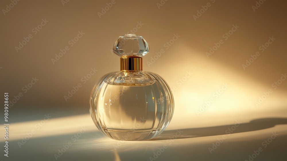 Luxurious clear glass perfume bottle with gold cap, smooth and simple shape, soft light, high-resolution photo Luxurious clear glass perfume bottle with gold cap, smooth and simple shape, soft light, high-resolution photo