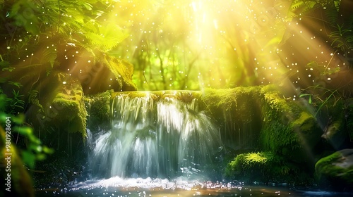 Wallpaper Mural Small waterfall in a vibrant rainforest. Mossy rocks and sparkling droplets of water shine under golden rays of sunlight breaking through the trees. Torontodigital.ca