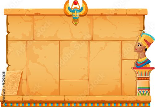 Arcade game frame, ancient Egypt or vintage Egyptian stone wall and papyrus, vector GUI interface. Egypt adventure arcade game stone wall for level menu buttons background with scarab and Nefertiti
