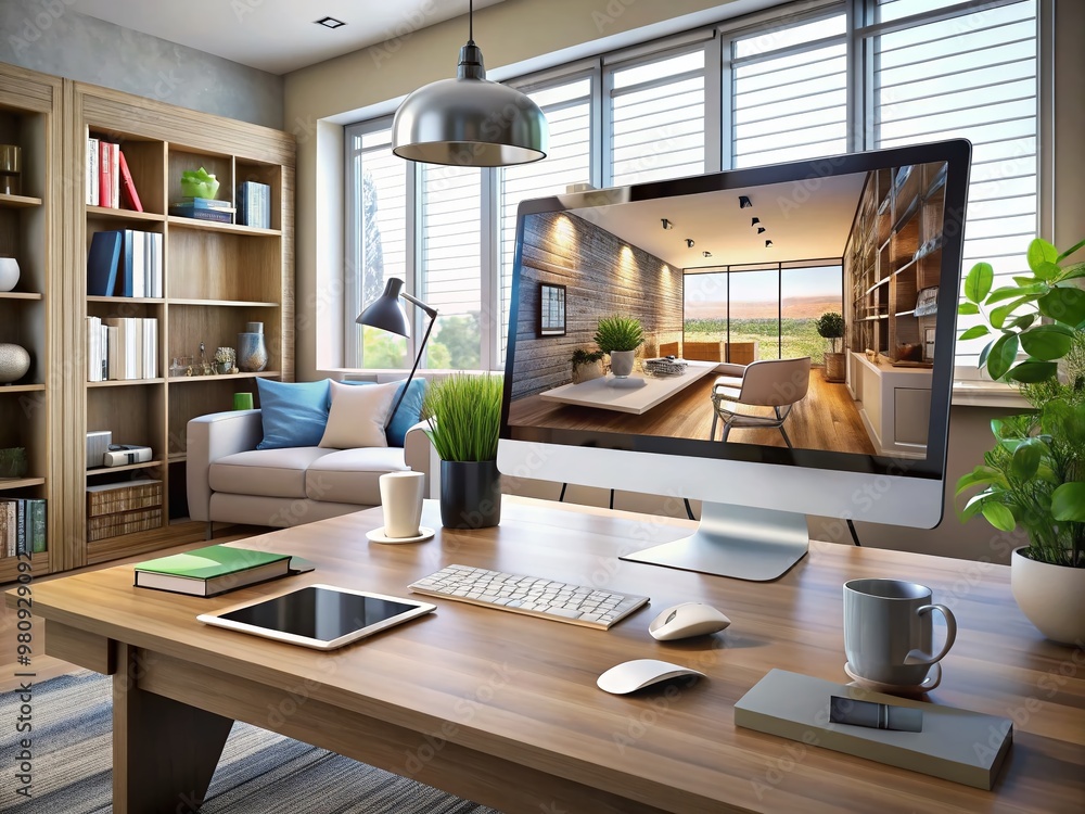 Modern computer screen displaying 3D interior design software with ...