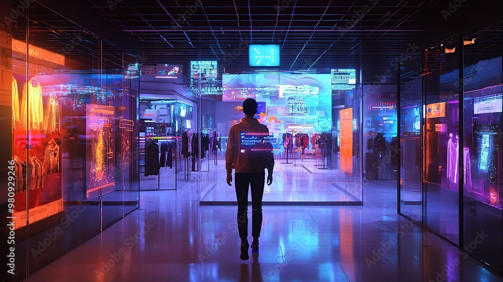 A lone person walking through a futuristic neon-lit retail space. A lone person walking through a futuristic neon-lit retail space.