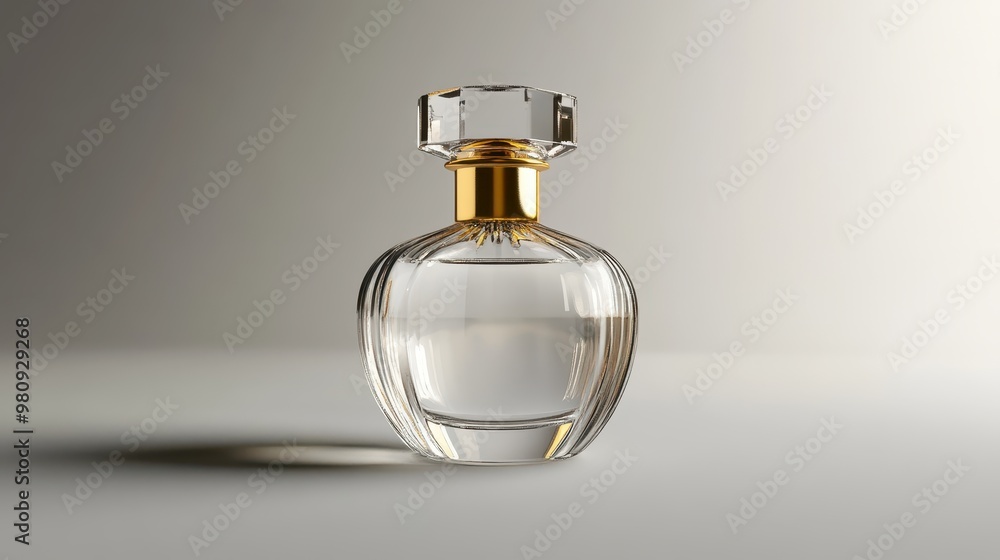 Luxurious clear glass perfume bottle with gold cap, smooth and simple design, high-resolution, soft light Luxurious clear glass perfume bottle with gold cap, smooth and simple design, high-resolution, soft light