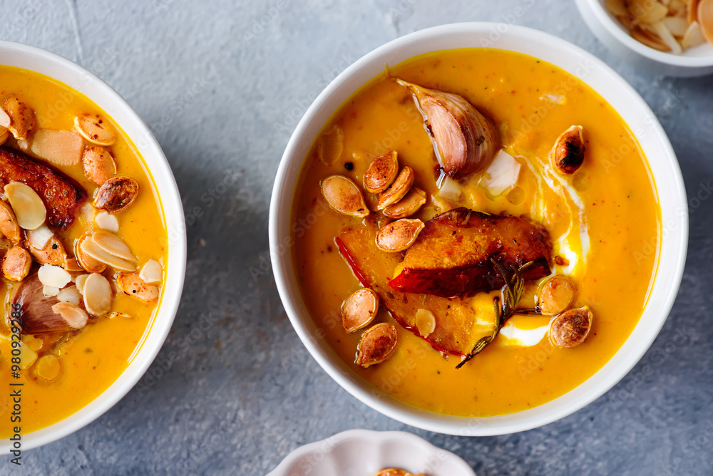 Creamy baked pumpkin soup with pumpkin seeds and almonds .style hugge Creamy baked pumpkin soup with pumpkin seeds and almonds .style hugge