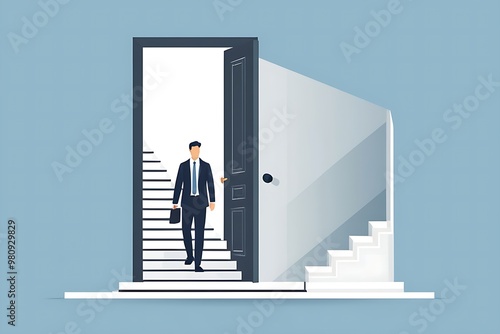 Career opportunity, doorway to success, solution or hope for aspiration, entering opening door for new career chance, businessman walk staircase to find opening opportunity door