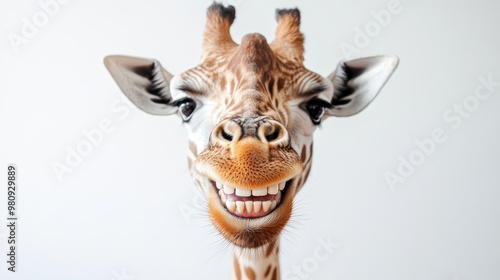 Smiling giraffe on white background, playful