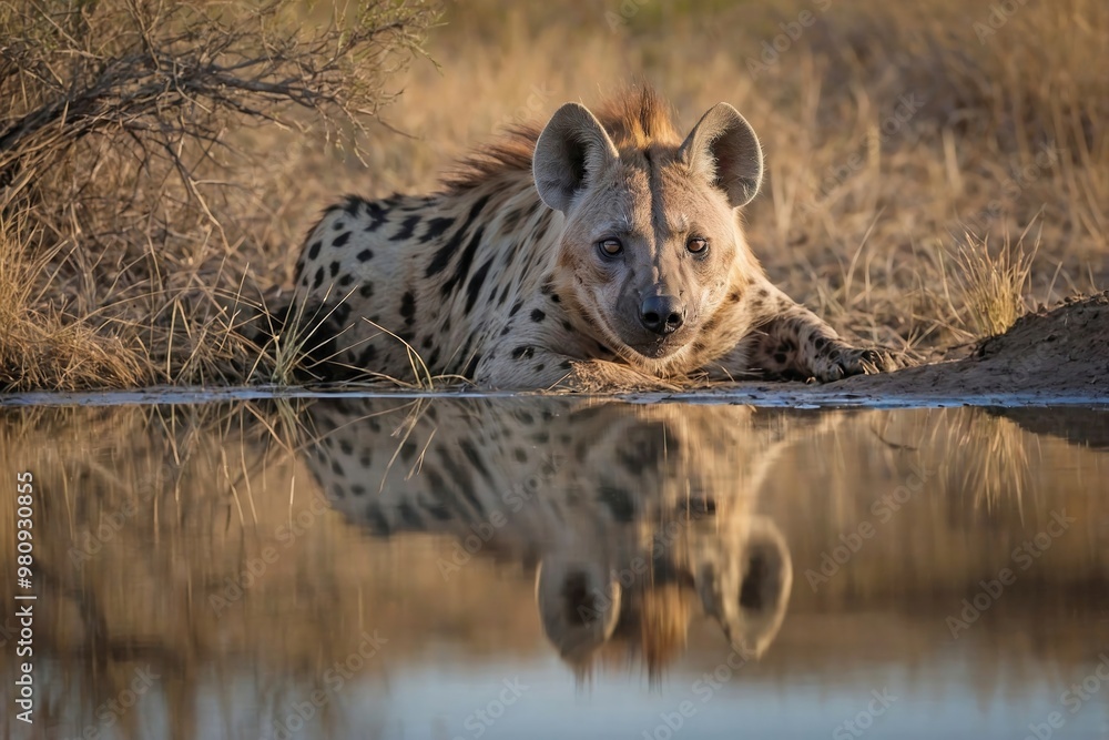 Obraz premium Hyena Resting Near a Waterhole in the African Bush: A relaxed hyena lies near the edge of a small waterhole in the African bush, its reflection shimmering on the surface of the still water.