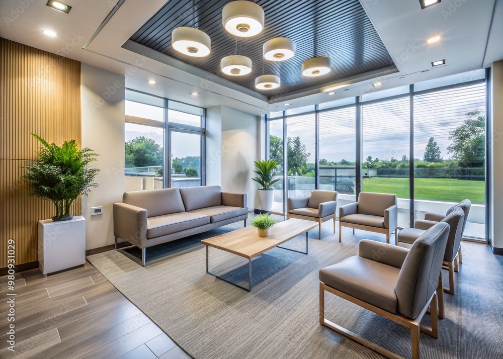 Fototapeta premium Modern dental office interior features sleek waiting area with minimalist decor, comfortable seating, and natural light