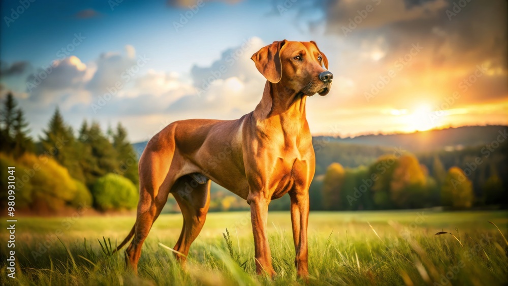 A regal Rhodesian ridgeback stands tall in a sun-kissed field, its signature crest glistening in the warm light, A regal Rhodesian ridgeback stands tall in a sun-kissed field, its signature crest glistening in the warm light,