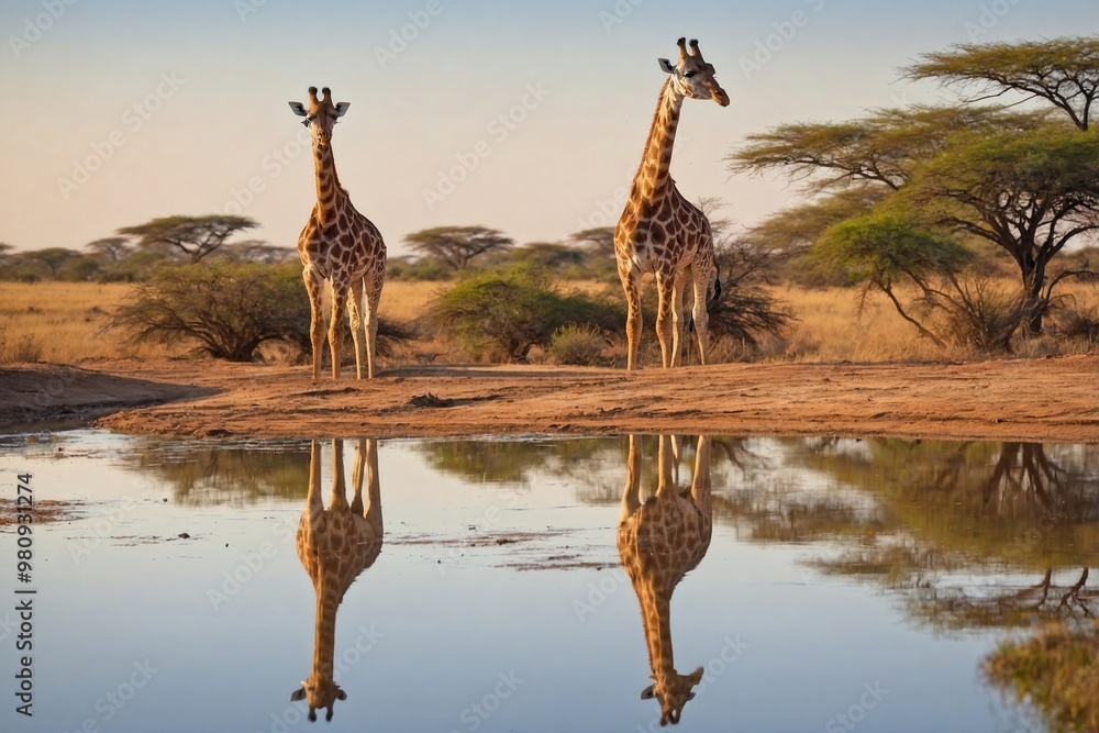 Obraz premium Giraffe Standing by a Watering Hole with Other Wildlife: A giraffe stands tall near a watering hole in the African wilderness, its reflection perfectly mirrored on the still water’s surface.