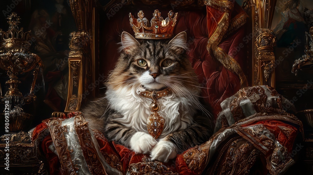 Fototapeta premium Majestic feline ruler sitting on throne adorned with crown and royal ornaments